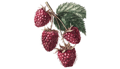 Old botanical illustration of raspberry, vector berry sketch, isolated on transparent background, vintage fruit drawing, detailed raspberry plant, retro botanical engraving © aura studio