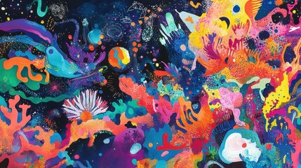 A vibrant, abstract painting features a woman in an elegant black dress, her flowing hair cascading around her. A playful cat sits beside her, adding charm and warmth to the scene.