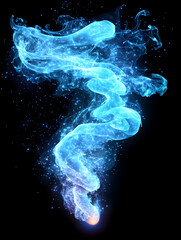 Ethereal blue smoke swirls, speckled with light, against a dark backdrop