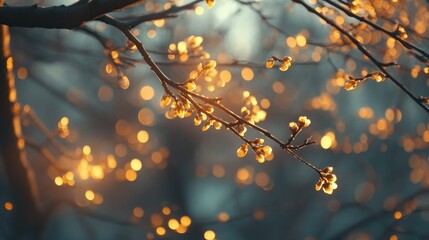 Delicate branches with glowing buds against a soft blurred background