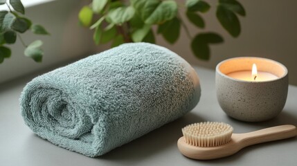 Wellness and Self-Care Rituals. Wellness and Self-Care Rituals. Teal Towel and Burning Candle with Wooden Body Brush on Gray Surface