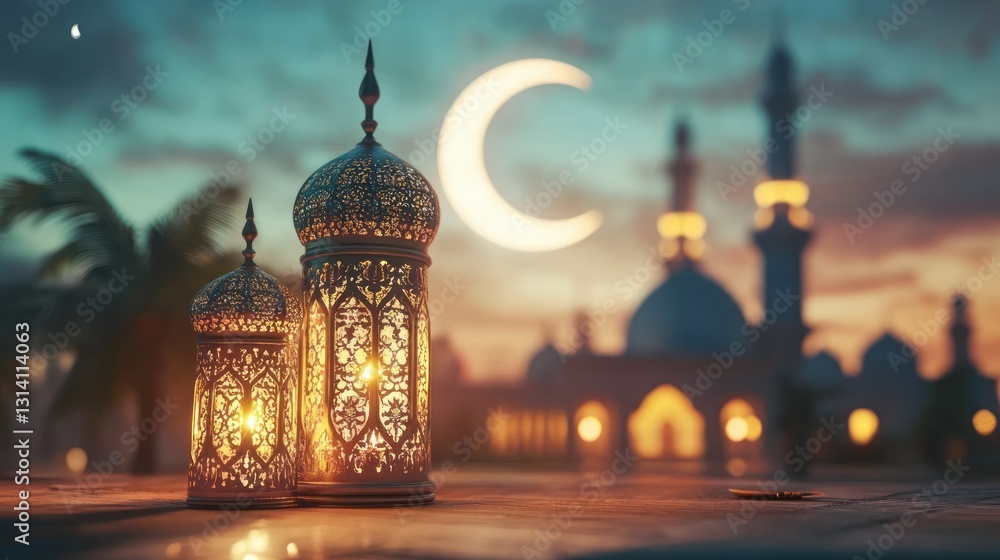 Poster illuminated lanterns with moon and mosque at twilight evening time