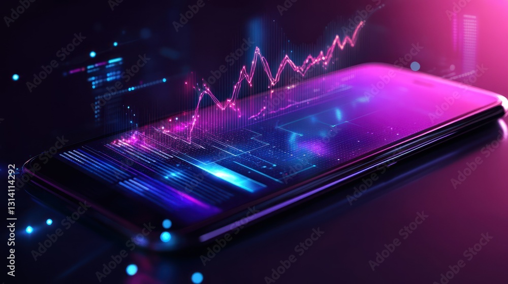 Poster smartphone displaying financial data and digital abstract visualization