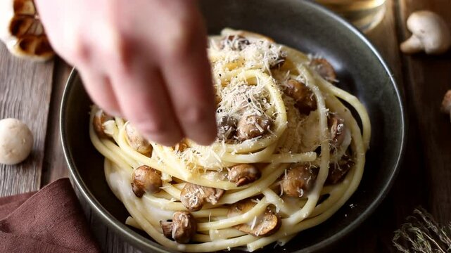Bucatini pasta in creamy sauce with mushrooms and cheese. Vegetarian food. Italian cuisine.