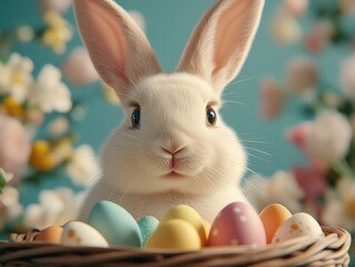 Bunny surrounded by colorful eggs in a spring-themed setting with flowers and pastel colors