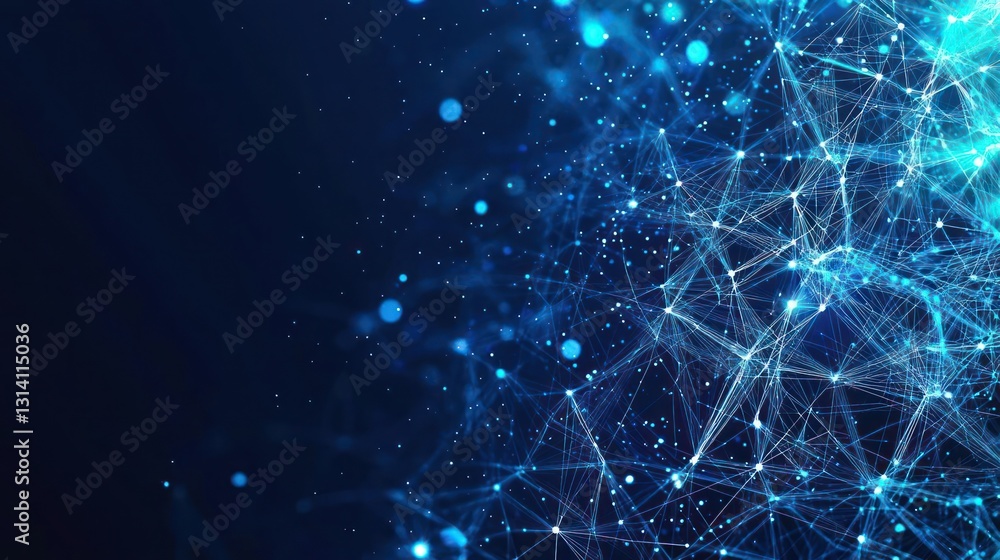 Poster abstract digital network with blue geometric pattern and light spheres on dark background