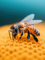 Close-up of a bee collecting pollen on a yellow flower under bright sunlight