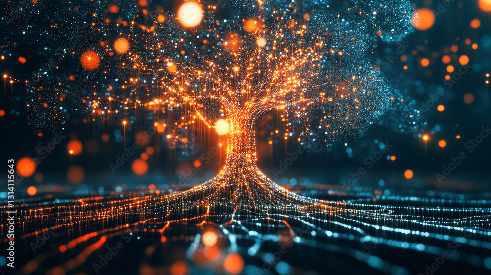 Poster a stylized tree composed of interconnected lines and nodes, resembling a neural network or data visu
