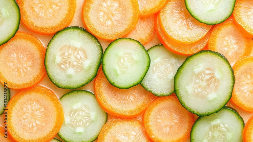 Poster sliced cucumbers and carrots arranged in a colorful overhead composition