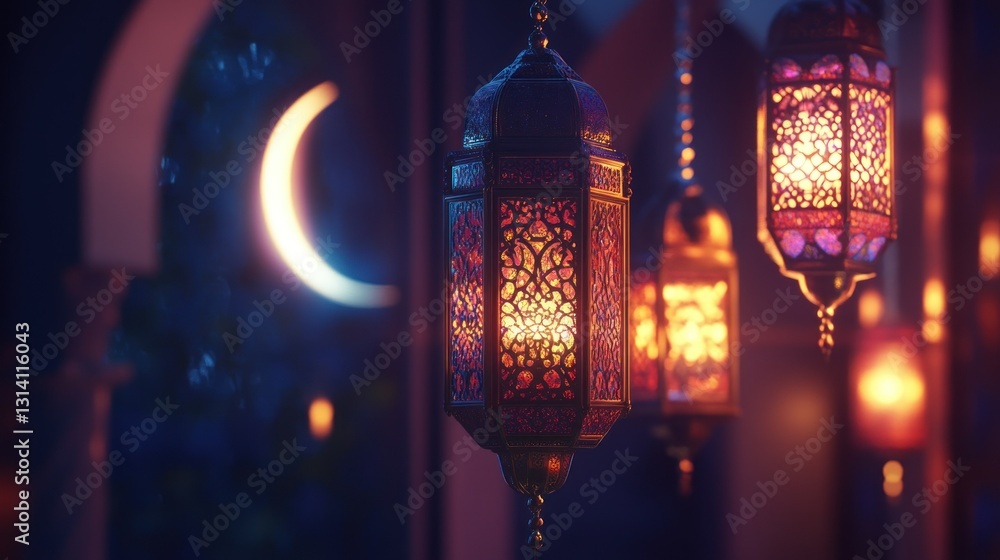Poster illuminated lanterns and a crescent moon create a festive atmosphere