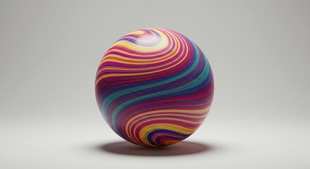 Fototapeta premium Vibrant Colorful Swirl 3D Ball - Abstract Marble Sphere with Rainbow Pattern for Modern Backgrounds and Playful Design on Neutral Studio Setting.