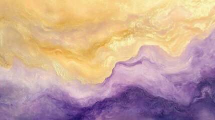 An abstract painting showing swirling hues of gold and purple tones