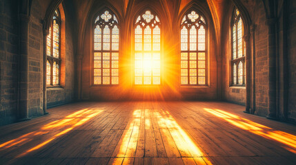 Inside of a grand gothic cathedral with wooden floor and carved stone columns