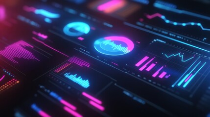 Obraz premium Futuristic interface displays data visualizations in various colorful graphics
