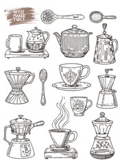 Coffee big sketch set. Hand drawn objects: Coffee machine, coffee grinder, different types of coffee, desserts.