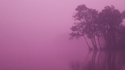 Trees and lake submerged in pink fog create an atmospheric scene