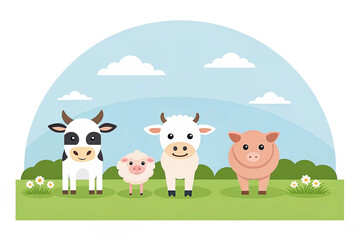 Obraz premium Cute farm animals cow, sheep, pig, lamb in a green pasture under a blue sky.