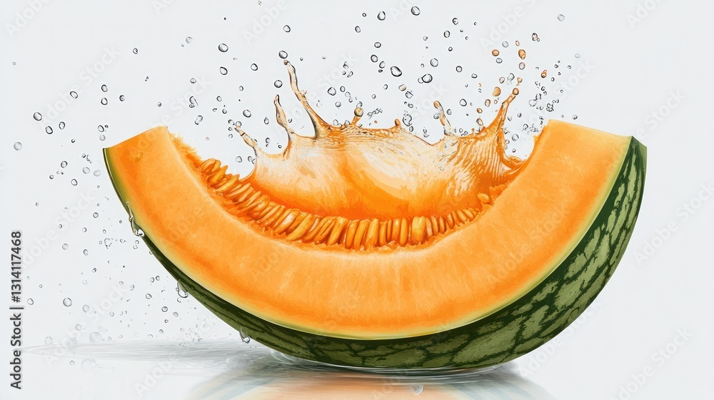 Poster a slice of melon with water splashing upwards vividly