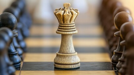 The composition is of a chess board game, a strategy game for two players which requires critical thinking skills There is also a chess piece, which is a queen, placed in the center of the board The