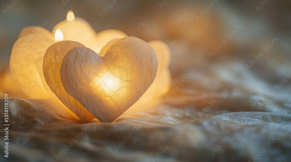 Poster glowing heart shaped lights on soft fabric background creating warmth