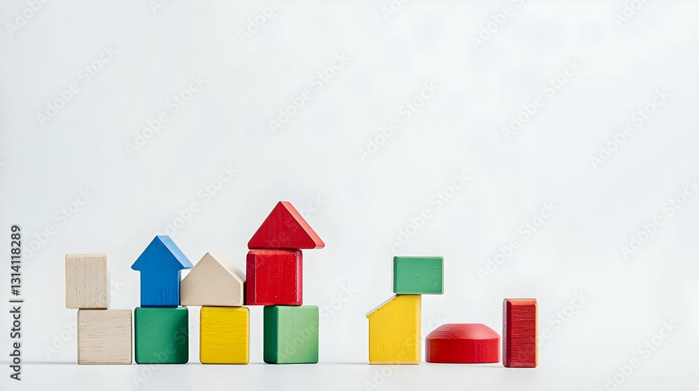 Poster colorful wooden building blocks arranged on white background in studio setting with bright vivid col