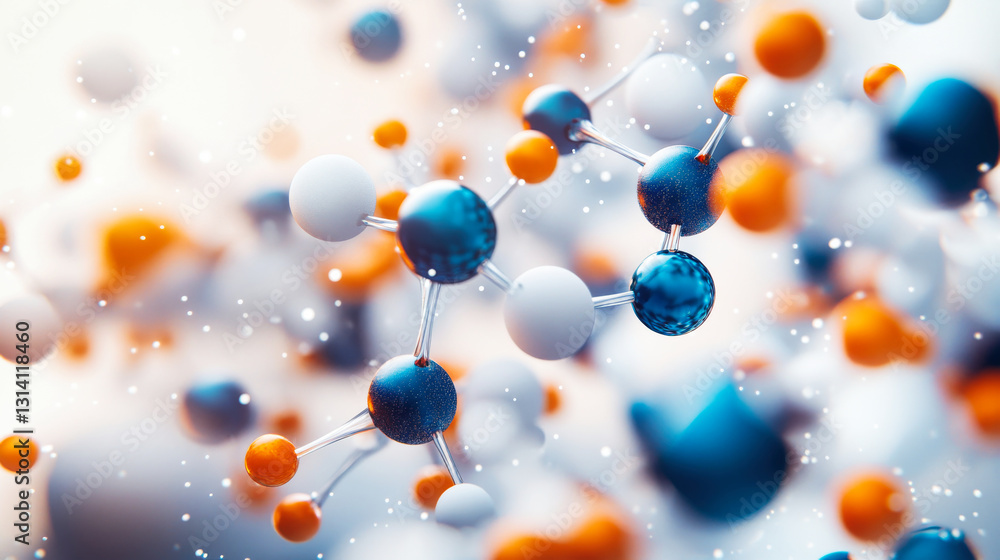 Poster a molecular structure featuring a network of interconnected spheres representing atoms or molecules