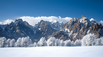 Fototapeta premium Panoramic Winter Landscape Snow Covered Trees Mountains Majestic Peaks Blue Sky White Clouds Scenic Nature Photography