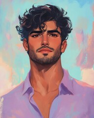 Fototapeta premium Middle Eastern Man with Dark Curls and Brown Eyes