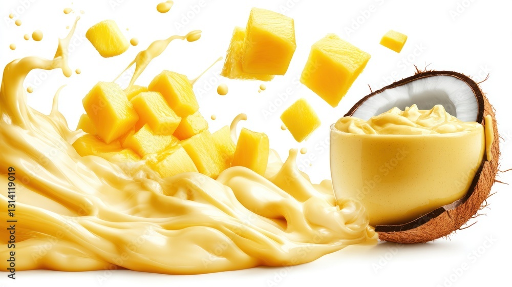 Poster mango cubes splashing into a coconut cream smoothie composition