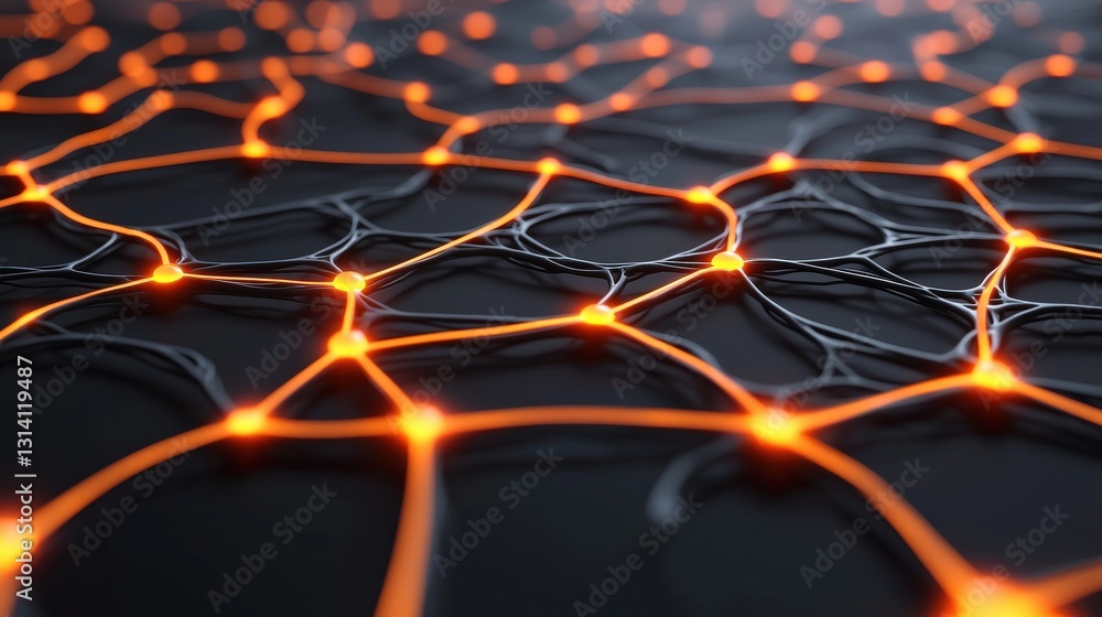Poster startup innovation scaling concept. abstract network with glowing orange lines on a dark background.