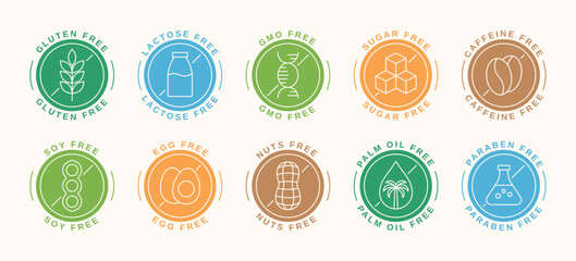Set of colorful allergen free icons. Food labels and badges. Gluten free, lactose free, sugar free. Vector illustration