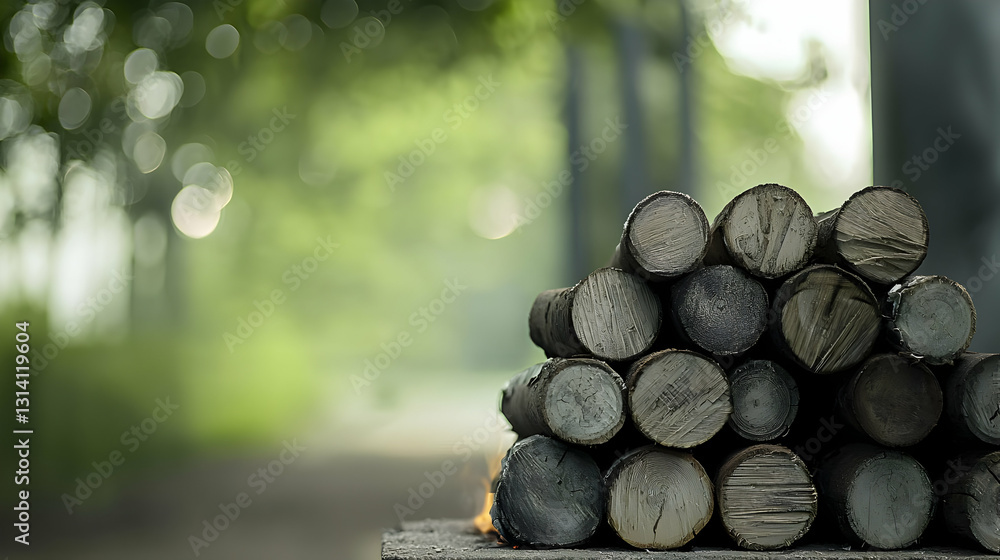 Poster stack of firewood logs in a forest setting ready for a bonfire with blurred green background and bok