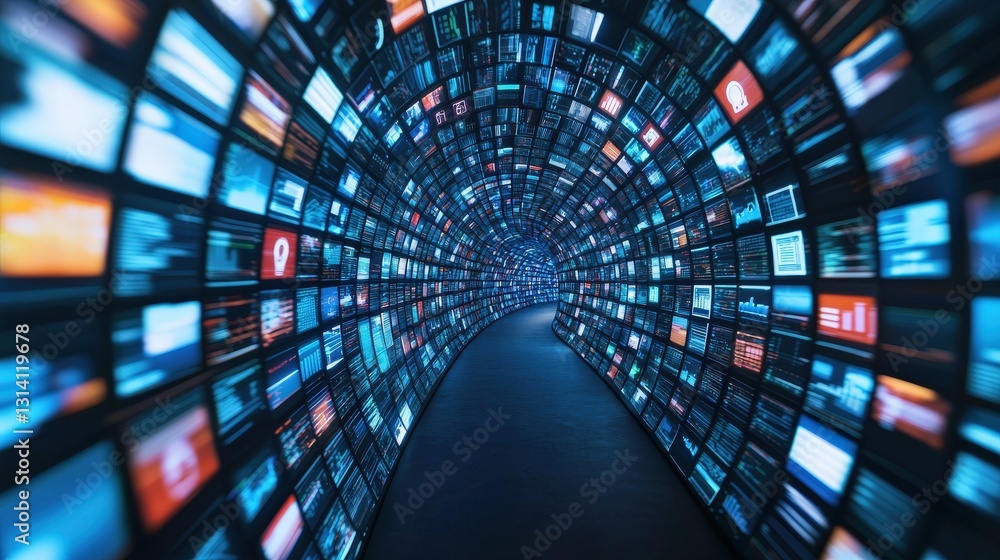 Poster startup innovation scaling concept. digital tunnel of screens showcasing vibrant content and technol
