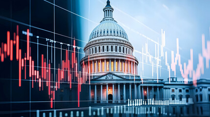 United States Capitol Building With Red And White Stock Market Chart Overlay Illustrating Political Economy