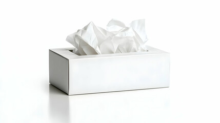 White Tissue Box with Crumpled Tissues on Reflective White Background in Bright Studio Lighting Close Up View