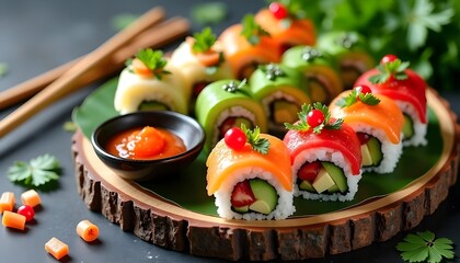 A beautifully arranged selection of fresh sushi, showcasing the artistry of Japanese cuisine with vibrant colors, delicate textures, and traditional presentation.
