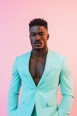 Obraz premium Black Man in Mint Suit with Intense Gaze and Sharp Features