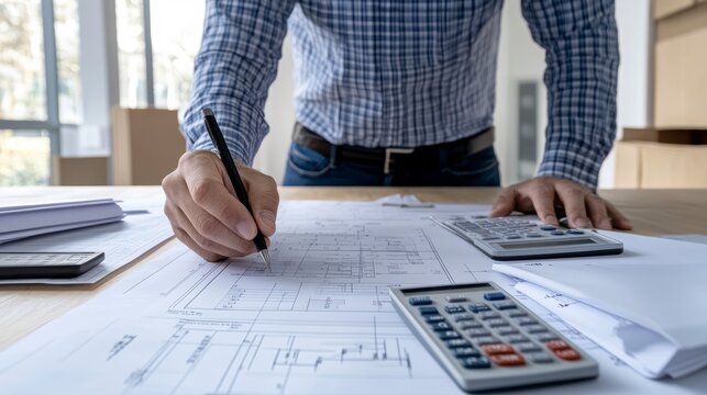 This image depicts a focused business setting, likely related to cost assessment and quality assurance The scene highlights a person working on detailed plans or documents, potentially involving