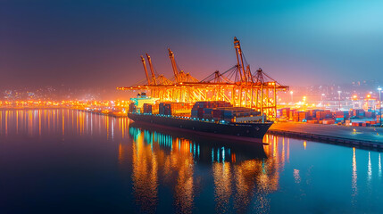 Fototapeta premium Illuminated Cargo Ship Docked At A Bustling Port With City Lights Reflecting On The Water At Night
