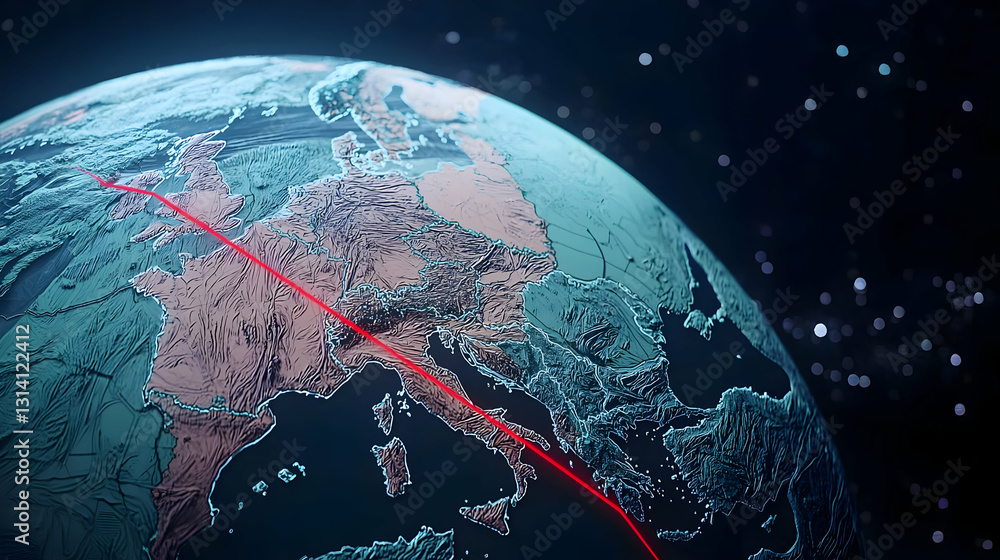 Poster red line connecting two points on 3d glowing globe with pixelated surface against dark background in