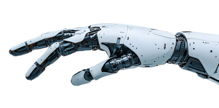 uturistic robotic hand with mechanical fingers, isolated on transparent cutout background