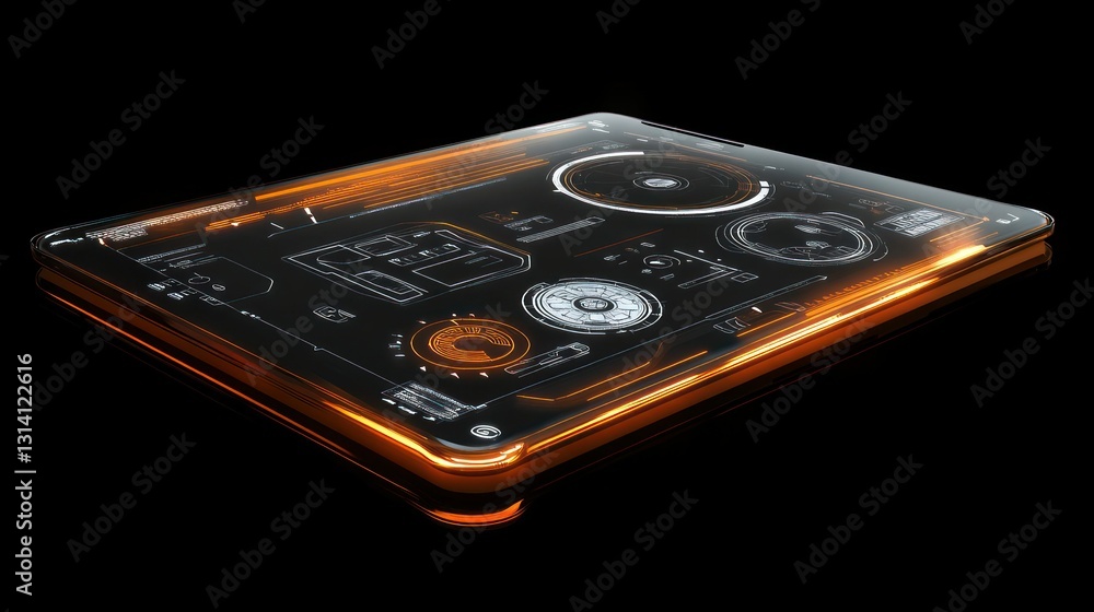 Poster a digital tablet displaying futuristic user interface details in orange