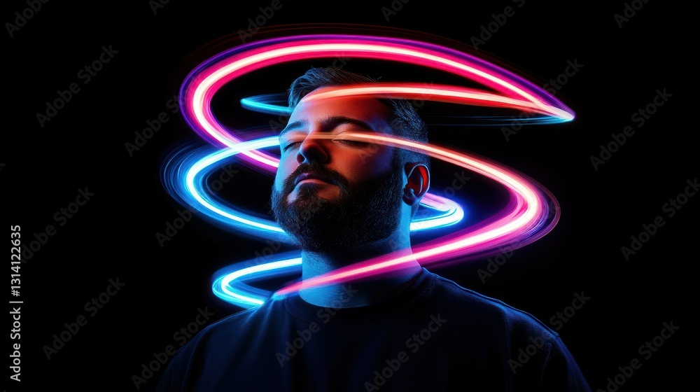 Poster a bearded man illuminated with colorful swirling light patterns