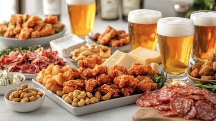 Crispy fried chicken, charcuterie, and cheese platter with beer  
