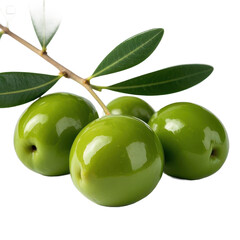 Obraz premium Green olives, olive branch, olive leaves, glossy, fresh, Mediterranean, close-up, transparent background