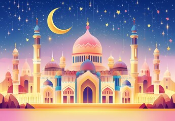  Vibrant Illustrated Palace with Domes and Minarets Under a Starry Night