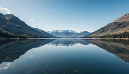 Reflecting Lake Surrounded by Mountains and Forest Under Clear Sky