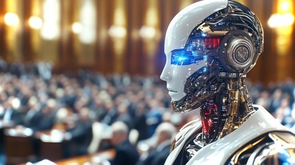 Advanced AI robot interacts with audience in futuristic conference hall setting
