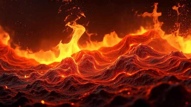 Molten fire wave rising on a dark orange field with flames, lava flowing on terrain, concept of power, energy