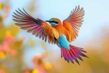 Fototapeta premium Colorful bird in flight, vibrant plumage, garden setting, soft-focus bokeh background